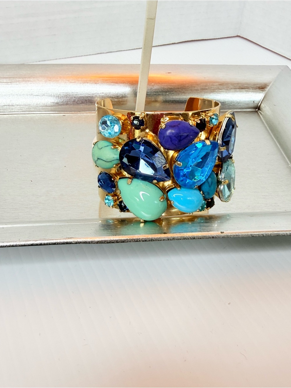 Gold tone Cuff Bracelet with Blue and Turquoise Gemstones